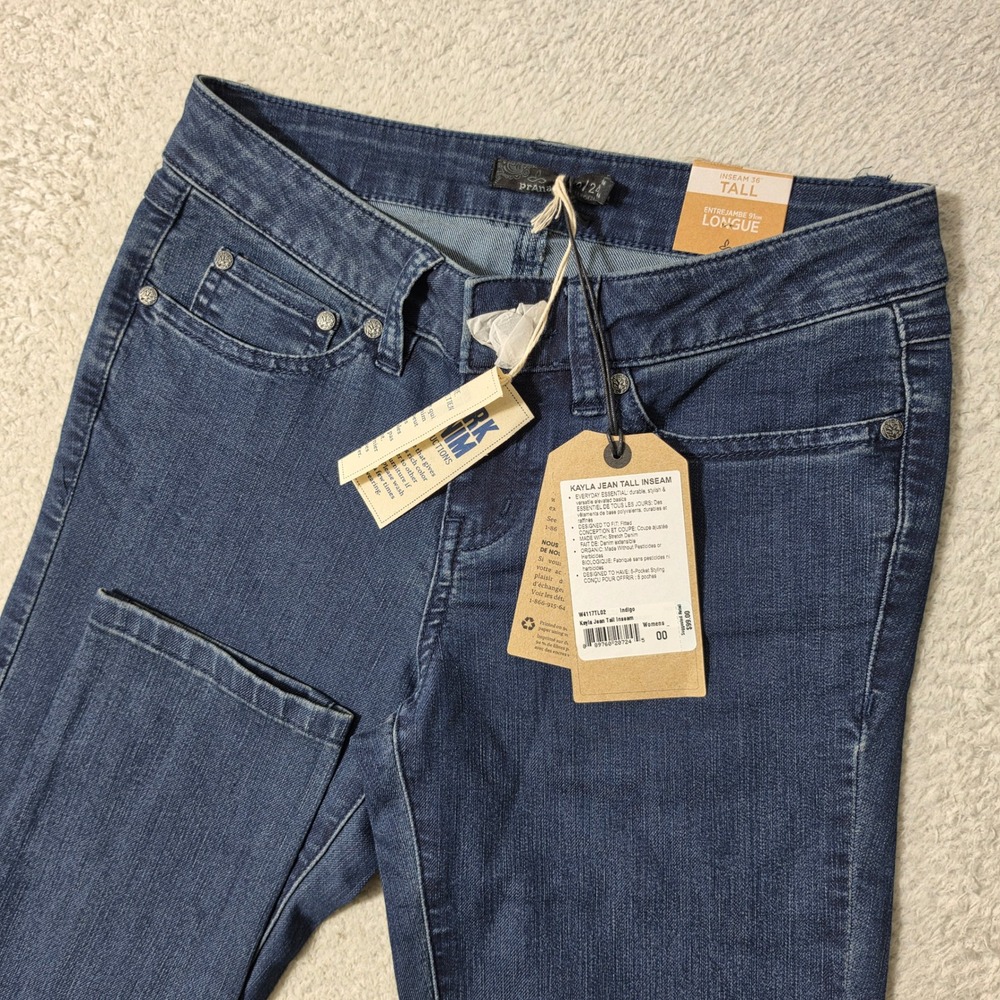 NEW! Prana Kayla Jean Womens 00 26/36 Indigo Stretch Tall Inseam Slim Fit Denim